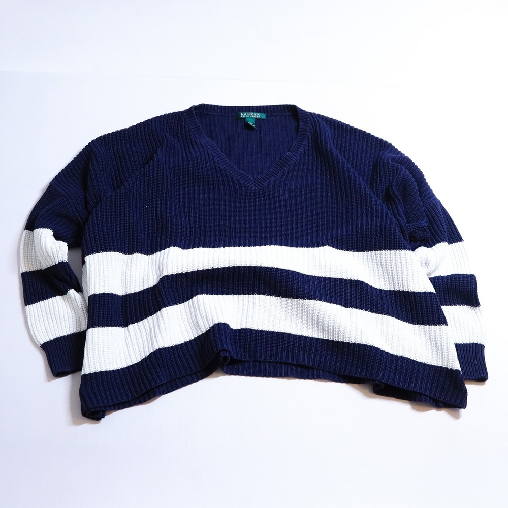 Lauren Ralph Lauren Sweater Womens Large Navy White Striped V-Neck Drop Shoulder